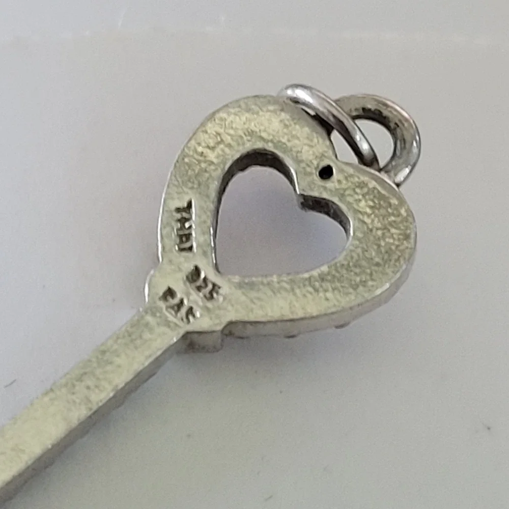 Vintage FAS 925 Sterling Silver Marcasite Heart Skeleton Key Pendant